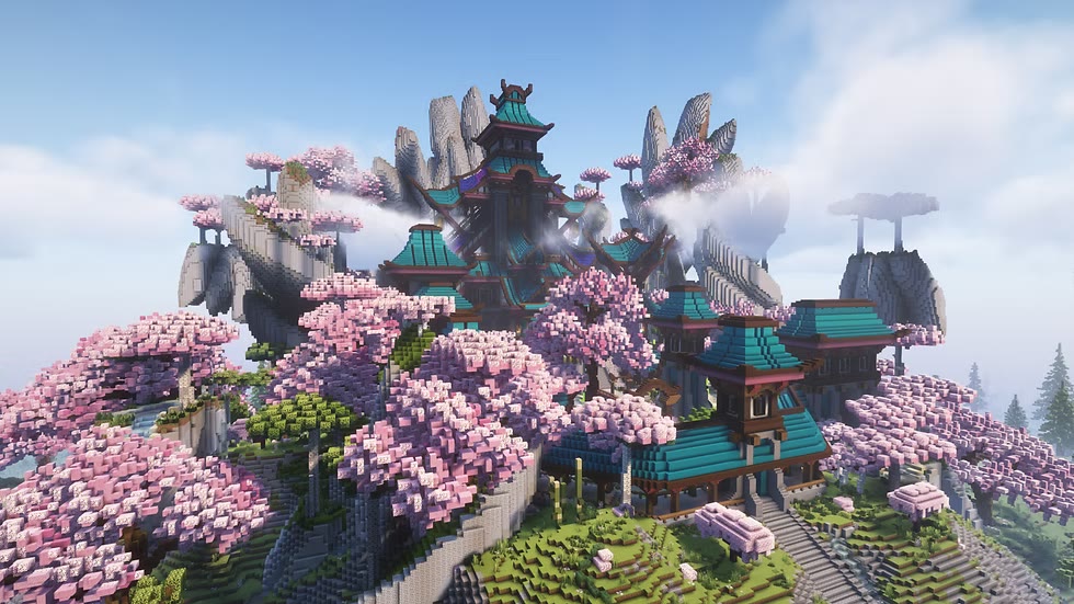 A jade and gold pagoda standing on floating stone, surrounded by cherry blossom trees.