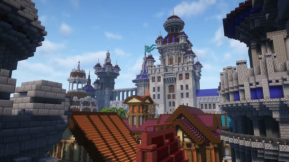 Domes, statues and hanging pennants seen from the rooftops of a walled castle city.