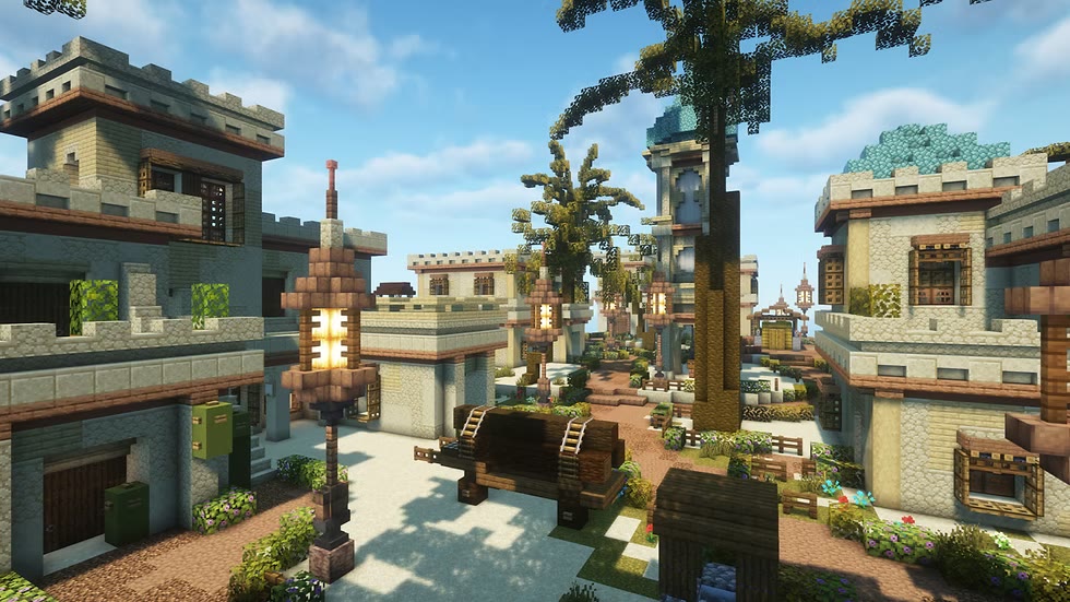 Flat-roofed sandstone houses and date palms around a shaded desert square.