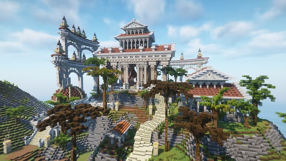 A marble colonnade and triumphal arch on a headland, with palms growing among the ruins.