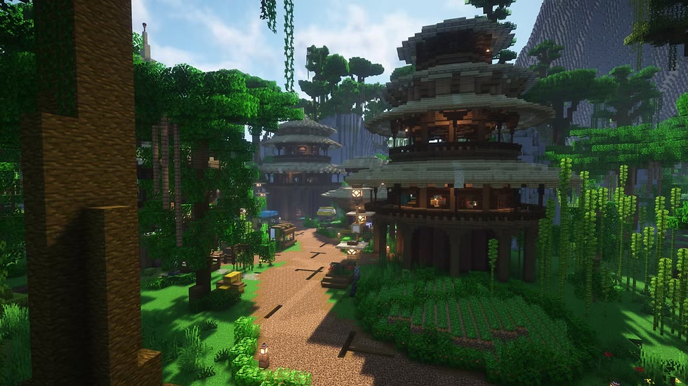 Round canopied huts along a red earth path, deep in bamboo and hanging vines.