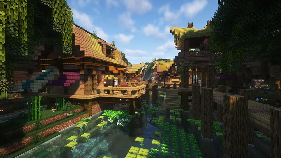 Stilt houses standing over still water, with flooded crop terraces between the walkways.