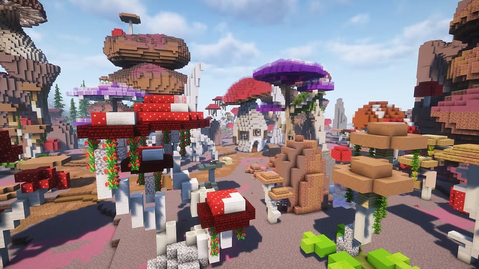 Houses carved out of giant toadstools standing on pink and violet ground.