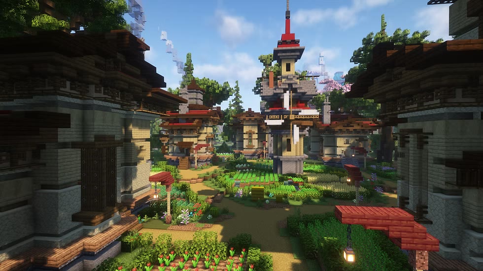 A red pagoda tower rising over terraced vegetable gardens and tiled stone houses.
