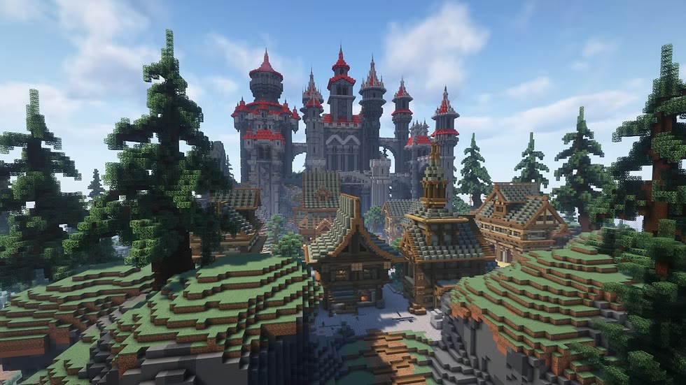 A grey stone keep crowned with red turrets standing above a village of turf-roofed cottages.