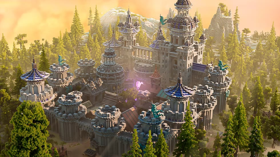 A vast blue-roofed castle of towers and curtain walls rising out of pine forest under an amber sunset sky.