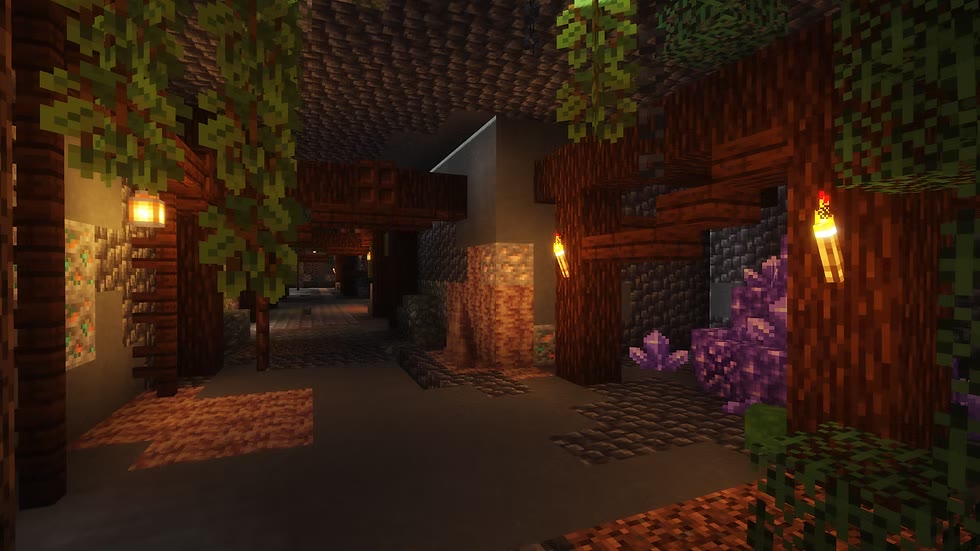 A torchlit mine gallery propped with timber, an amethyst geode broken open in the rock wall.