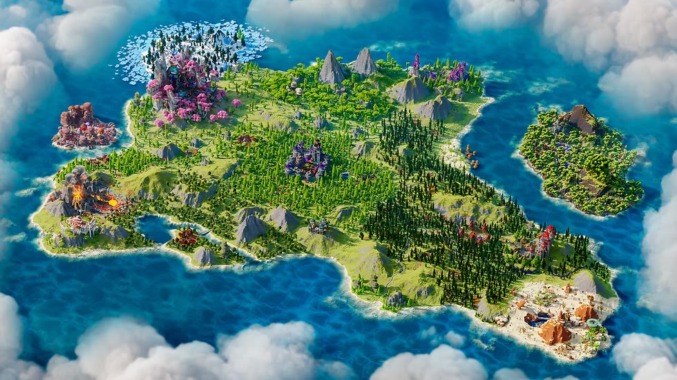 The whole continent seen from high above: a green island ringed with cloud and open blue sea, with volcanic, forested and snowy regions visible.