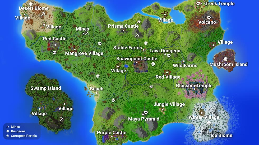 A labelled top-down map of the continent, naming the desert biome, Greek temple, volcano, Prisma Castle, Red Castle, Mangrove Village, Stable Farms, Lava Dungeon, Mushroom Island, Spawnpoint Castle, Blossom Temple, Swamp Island, Maya Pyramid, Jungle Village, Purple Castle, Winter Village and the ice biome, with markers for mines, dungeons and corrupted portals.